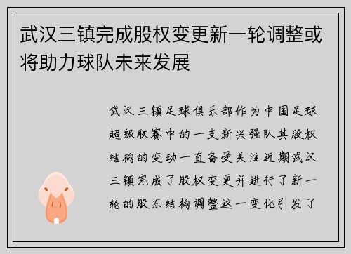 武汉三镇完成股权变更新一轮调整或将助力球队未来发展
